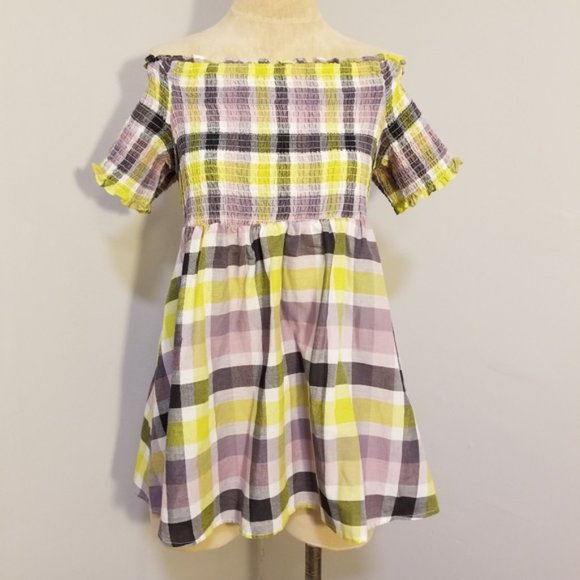 TORRID MULTI PLAID SMOCKED OFF THE SHOULDER TOP NEW W/TAGS BABYDOLL SUMMER 2X - Picture 3 of 7